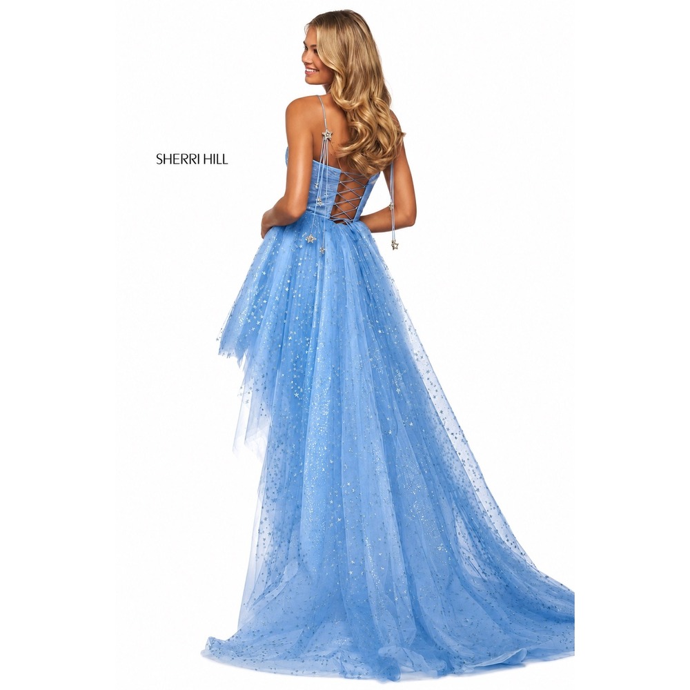 SHERRI HILL 53825 Light Blue/Silver Glitter Star High-Low Dress Gown NWT Size 4 - Picture 2 of 5